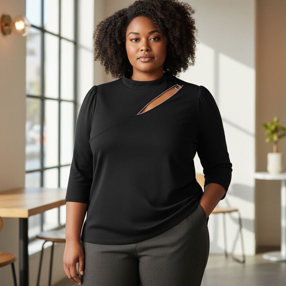 Women Stretchy Black Rhinestone Blouse Plus Size 2X Cut Out Pullover Mock Neck - Picture 10 of 10